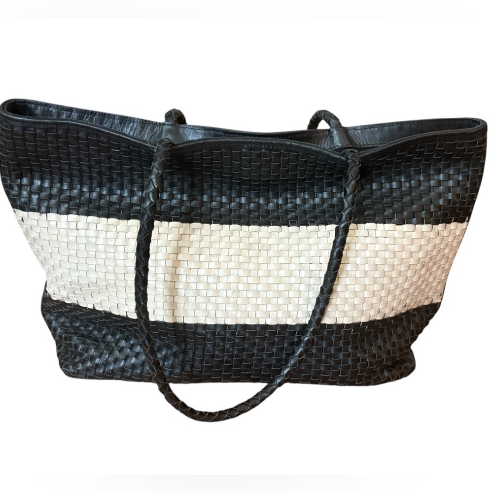 Bembien Emme Leather Woven Handbag Handmade Tote Bag Black White - Picture 2 of 11